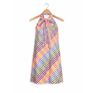 J. Crew Colorful Rainbow Plaid A-line Sleeveless Tie Neck Halter Preppy Dress